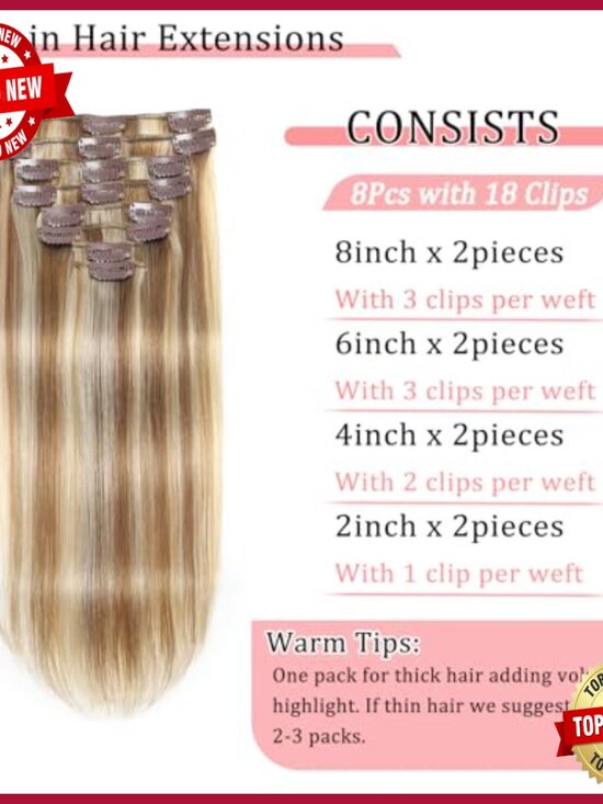 22 Inch Straight Human Hair Clip-In Extensions 8 Piece  display picture 3